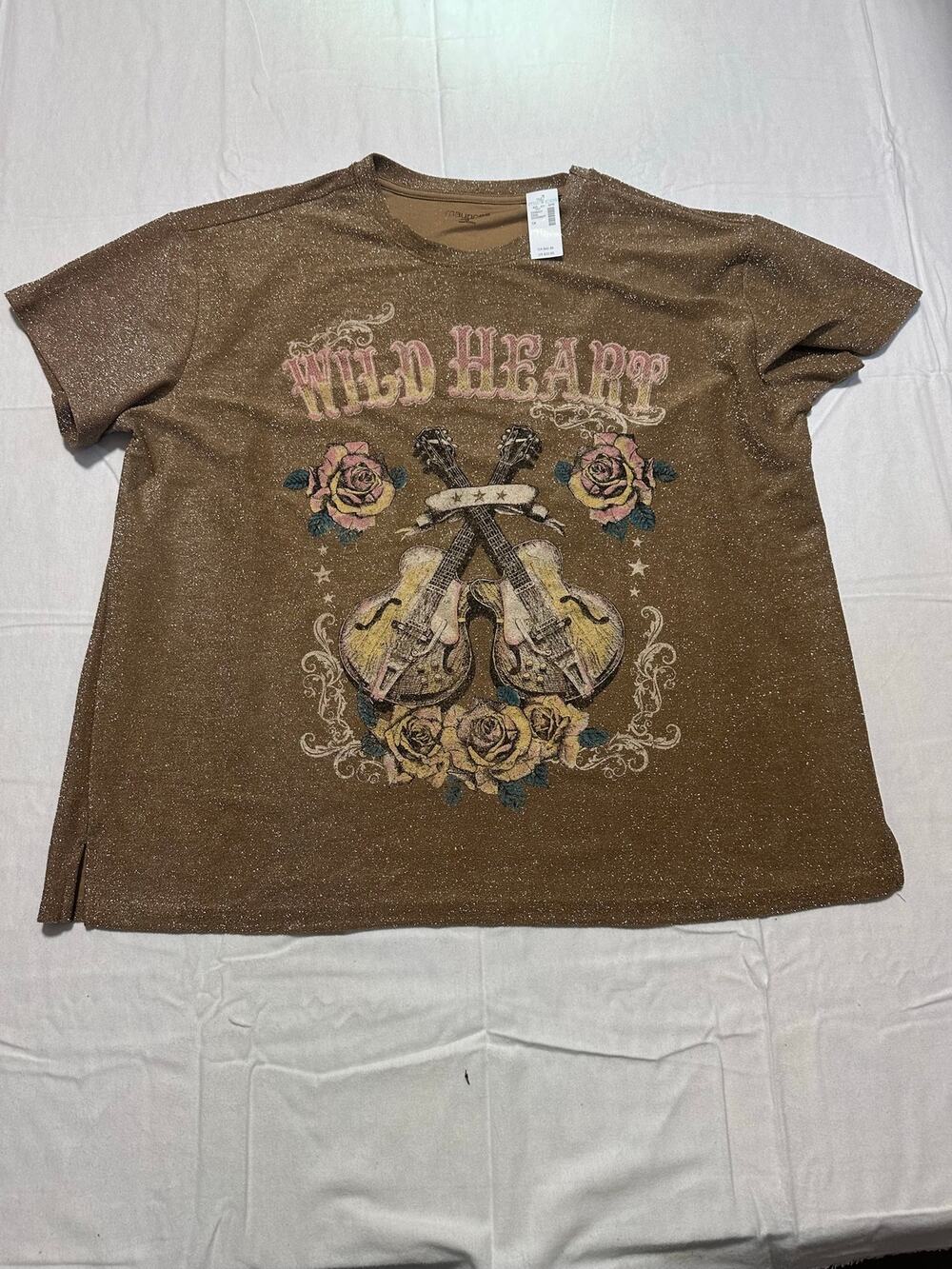 Maurices NWT Gold Heavy Metallic Glitter Wild Heart Classic Fit Graphic Tee 1X